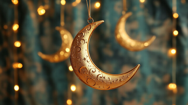 golden crescent moon ornaments hanging, lights in background, festive setting, Ai generated images