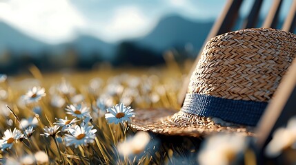 Straw Hat Resting in a Daisy Field