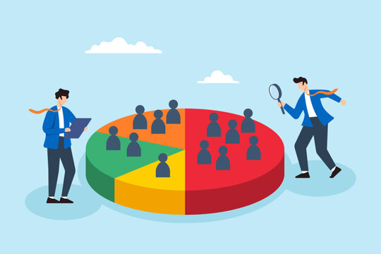 Flat illustration of business people analyzing demographic data on pie chart for customer segmentation market targeting and advertising strategy