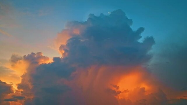 A vivid and dynamic sky captures towering storm clouds illuminated by the warm hues of a setting sun, creating a striking contrast between light and shadow above a darkened forested landscape.