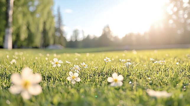 Sunny Day on a Hillside: Yellow Wildflowers in a Green Grass Field