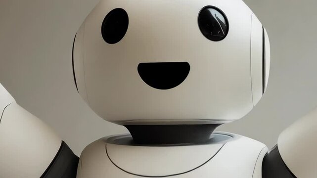 Friendly humanoid robot with a happy expression raising its arms against a neutral background in a welcoming gesture, promoting future technologies.
