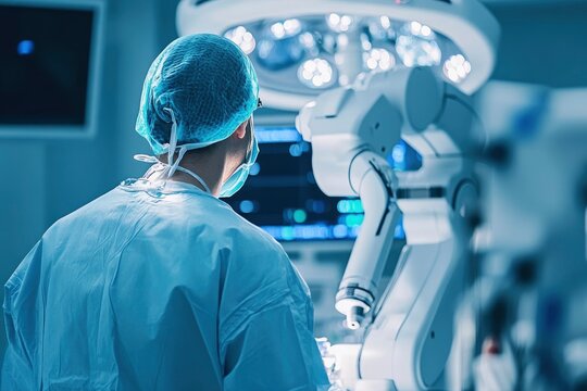 Surgeon operating with advanced robotic technology in a modern surgical room with bright lighting - Powered by Adobe