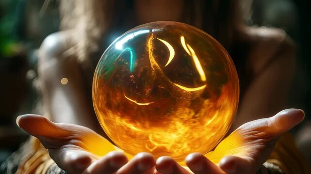 A woman holds a glowing crystal ball, divination and clairvoyance concept. The orb contains light and suggests magic, fortune telling, or spiritualism.