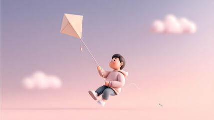 3D human cartoon character Flying A kite
