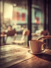 A warm cup of coffee sits on a wooden table in a sunlit cafe, creating a cozy and inviting atmosphere, in a high fidelity illustrative style.