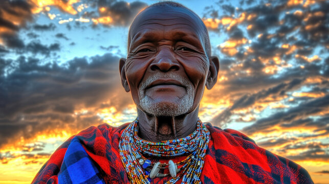 Smiling Wisdom: A serene portrait captures the wisdom of an elder man from a traditional African culture. His gaze reflects a life lived, set against a backdrop of a breathtaking sunset.