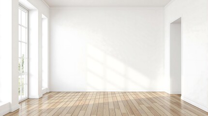 Obraz premium Empty bright room with hardwood floor and large windows. Sunlight streams through the windows, illuminating the room