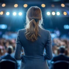 Woman speaker on stage addressing a large audience.