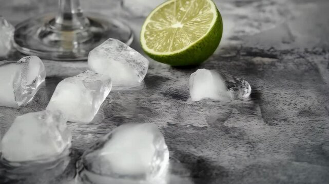 Refreshing cocktail preparation with lime, clear glass, ice cubes and wooden muddler on textured surface evoking sophisticated bar scene.