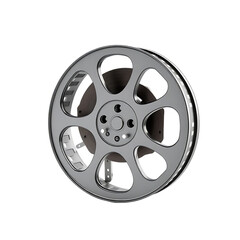 A shiny silver film reel isolated on a transparent background.