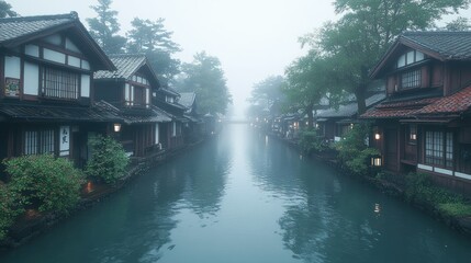 Obraz premium Serene canal view with traditional Japanese houses shrouded in a tranquil mist