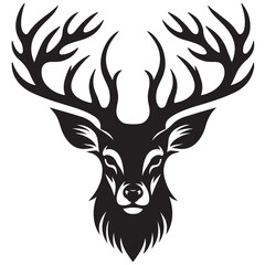 Black and white illustration, deer head silhouette, majestic antlers, minimalist design, elegant profile, stylized wildlife art, sharp contrast, vector graphic style, iconic logo design.
