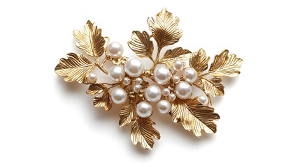 Elegant Vintage Brooch with Golden Leaves and Pearl Accents