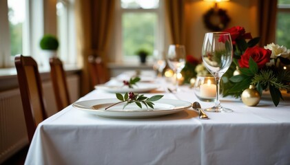 Fototapeta premium Elegant white tablecloth, formal Christmas dinner place settings, centerpiece, fine dining