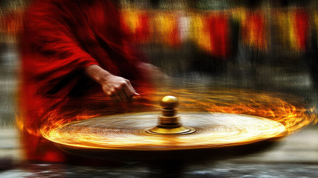 Spinning Fire: A mesmerizing visual of a hand setting a spinning top ablaze, with a blur of light and energy that dances in a display of skillful manipulation and artful illumination.
