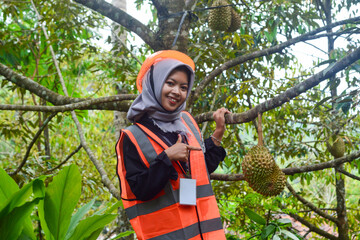 Young Asian woman farmer checking industrial scale durian plantation © Ayudia