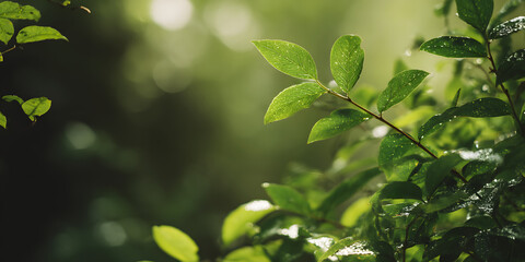 Obraz premium Lush green leaves illuminated by soft sunlight in a tranquil forest setting during early morning hours