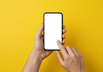 A pair of hands holds a smartphone mockup with a blank white screen against a bright yellow backdrop, with one finger ready to tap
