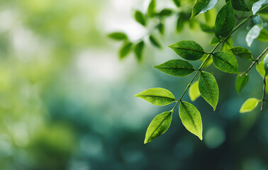 Obraz premium Lush green leaves illuminated by soft sunlight in a tranquil forest setting during early morning hours