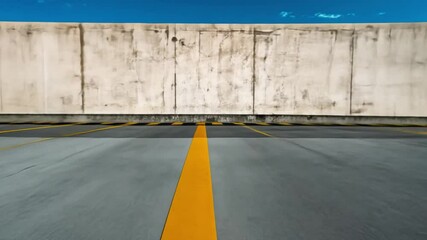 Road Markings and Concrete Wall: A stark, yet intriguing composition of urban architecture, featuring a vibrant yellow centerline against a grey road and a weathered concrete wall.