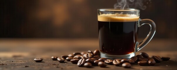 Fototapeta premium Rich black coffee in glass, coffee beans nearby , beverage, gourmet, background