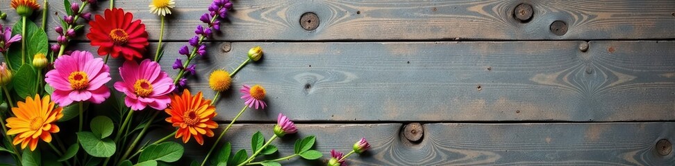Fototapeta premium Rustic wildflowers, vibrant blooms, wooden table, cold concrete , close-up, photography