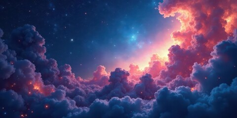 Fototapeta premium Celestial Canvas An ethereal dreamscape of vibrant clouds illuminated by a radiant cosmic glow, speckled with shimmering starlight across a boundless night sky.