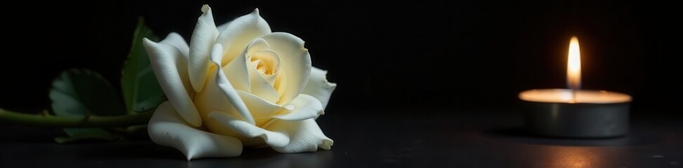 Single white rose beside burning candle; stark black backdrop , black background, elegance