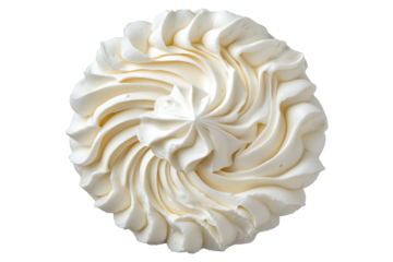 A top down view of a rosette of white frosting with a spiral pattern against a black background