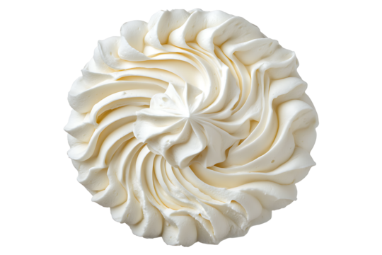 A top down view of a rosette of white frosting with a spiral pattern against a black background