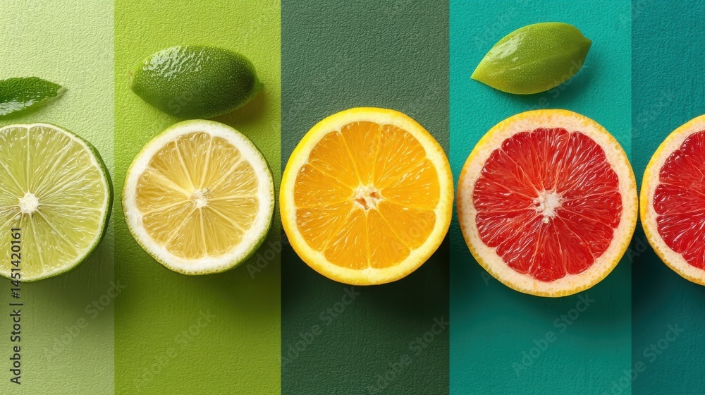 Poster citrus fruit slices and whole pieces arranged on colorful textured backgrounds.