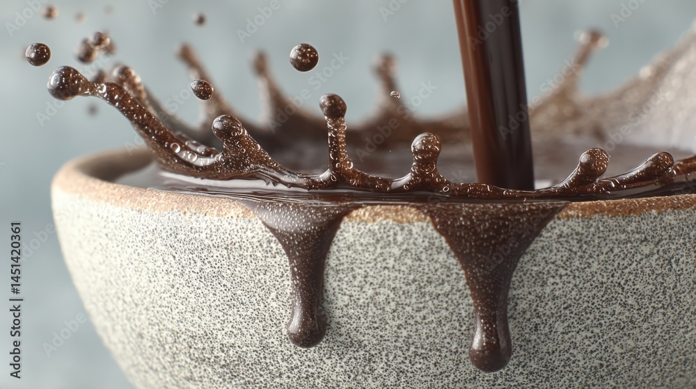 Poster Close up of chocolate being poured into a ceramic bowl creating a splash