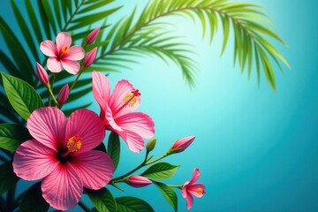 Sun-drenched hibiscus, orchids & palm leaves create a summery scene on blue , flatlay, plants, foliage
