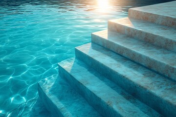 Obraz premium Sunlit pool photo ideal for summer vacation promos, spa ads, or luxury travel. Shimmering water & geometric steps create a calming, upscale vibe. Angled view.