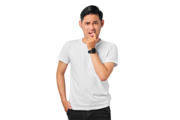 Worried young Asian man looking stressed and nervous with hand on mouth biting nails isolated on transparent background