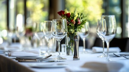 Elegant table setting with wine glasses and floral arrangement ready