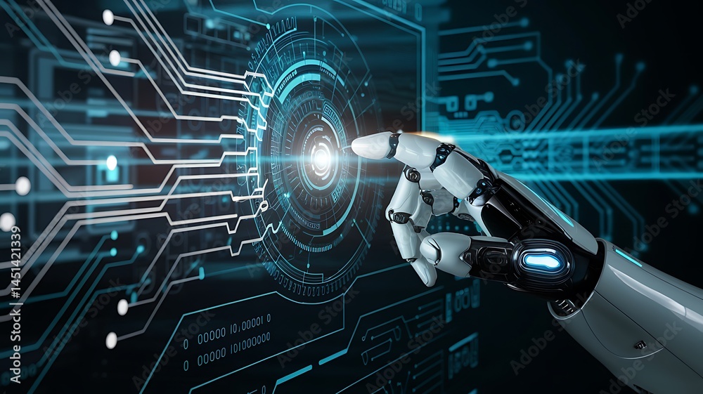 Poster a robot hand interacting with a digital interface and glowing lines represents advanced robotics, ai