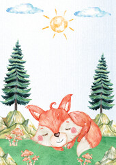 Cute Woodland Fox Family in Sunny Forest, Whimsical Watercolor Animal Nursery Art for Kids and Baby Room Decor