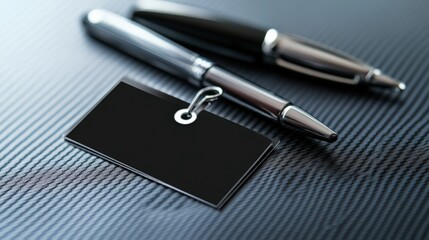 Elegant writing instruments on textured surface with blank tag for branding display