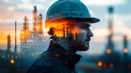 Industrial worker profile double exposure against refinery complex.