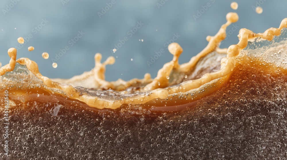 Poster close-up of cola splashing, revealing bubbles and refreshing liquid motion
