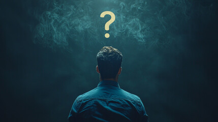 man in a blue shirt standing with his back to the camera, looking at a question mark floating above him on a dark background, thinking about some questions