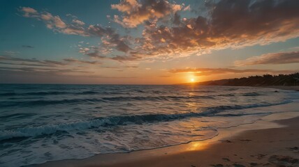 Obraz premium A scenic view of ocean waves crashing on the shore at sunset with a cloudy sky in the background