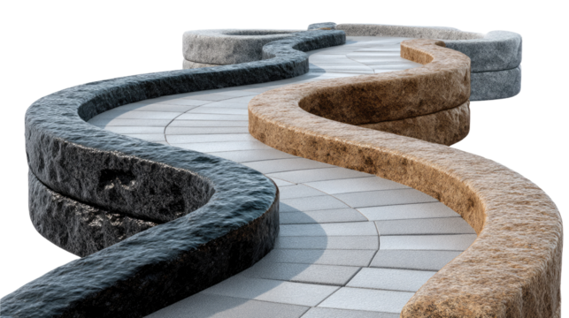Winding Stone Path: A mesmerizing, curving stone pathway, expertly crafted and composed of diverse stone shades, invites exploration, leading the viewer through a scene of architectural elegance. 