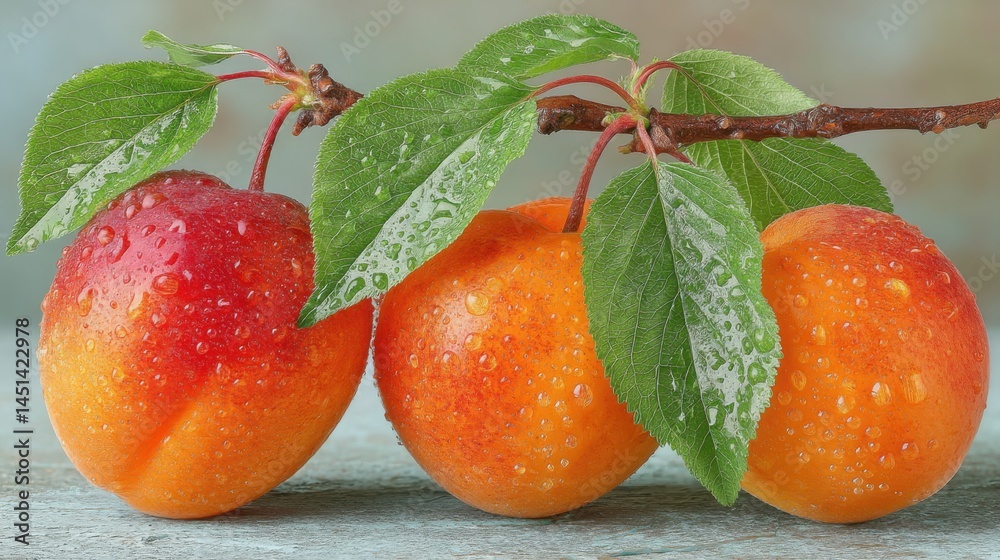 Poster close-up of fresh apricots with water droplets on a branch with green leaves.