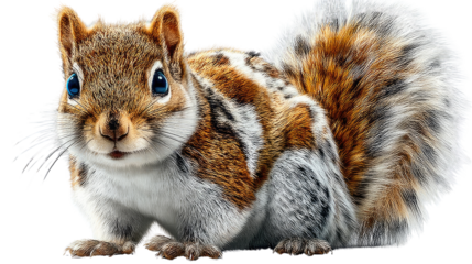 Playful Squirrel: A detailed image of a cute squirrel, with fluffy fur and a bushy tail, sits poised with an innocent expression. this image is very cute and happy.