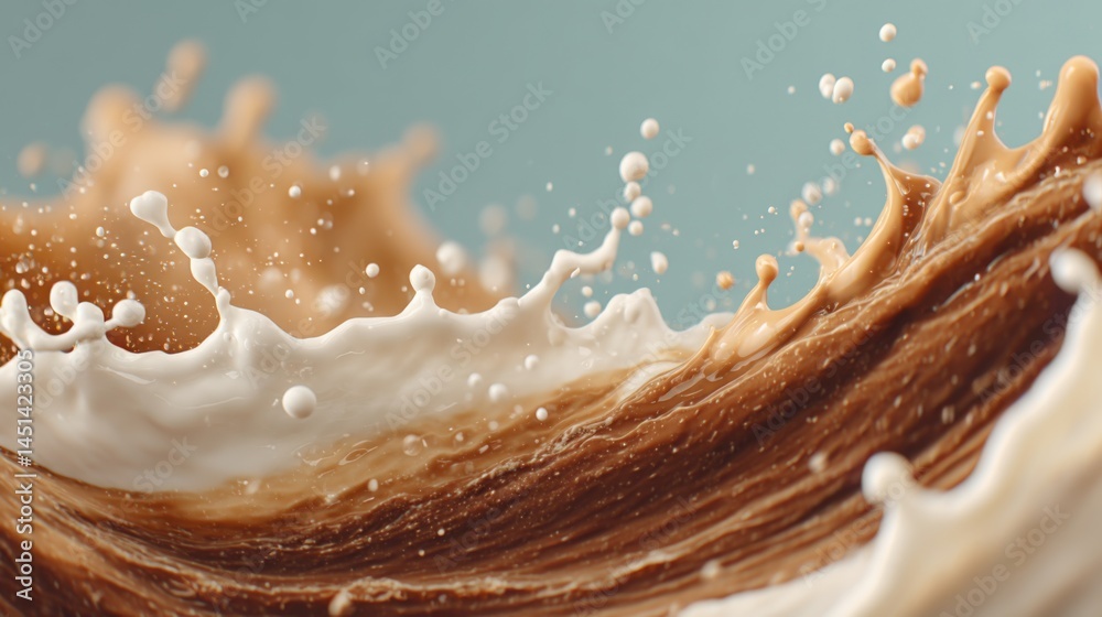 Poster Close-up of milk and chocolate splashing creating a dynamic wave pattern