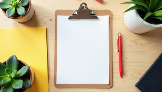 Brown clipboard with blank white paper mockup, material, workspace
