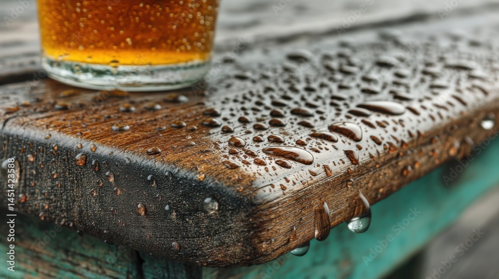 Poster close-up of wet wooden surface with beer glass creating a refreshing scene.